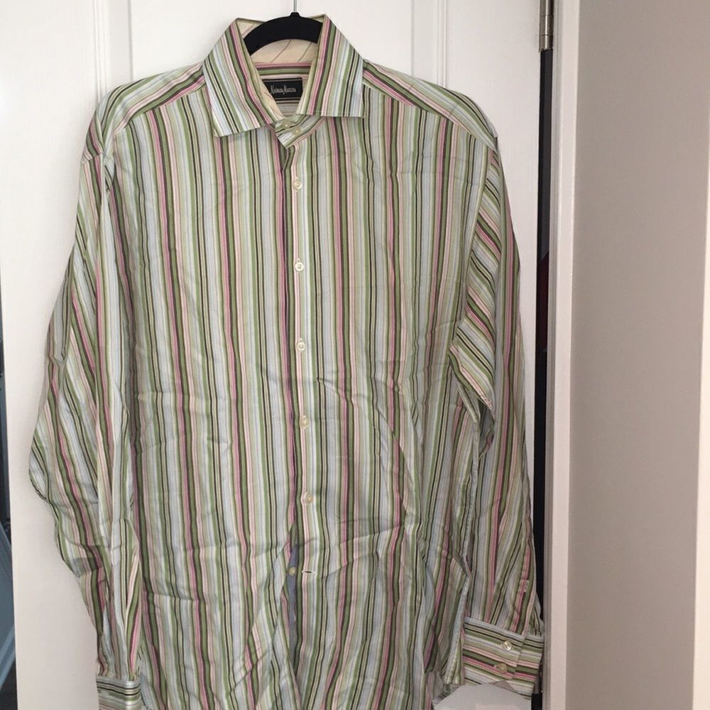 Neiman Marcus Pink Green Stripe dress shirt 16x35